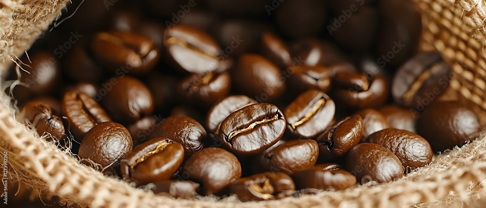 Dark Nutty Bitter, Cascading Coffee Beans in Burlap Bag - Dynamic Motion and Energy Concept Dark Nutty Bitter, Cascading Coffee Beans in Burlap Bag - Dynamic Motion and Energy Concept