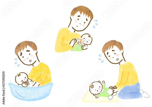 慌てたり不安になりながら赤ちゃんのお世話をする父親の手描きイラストセット