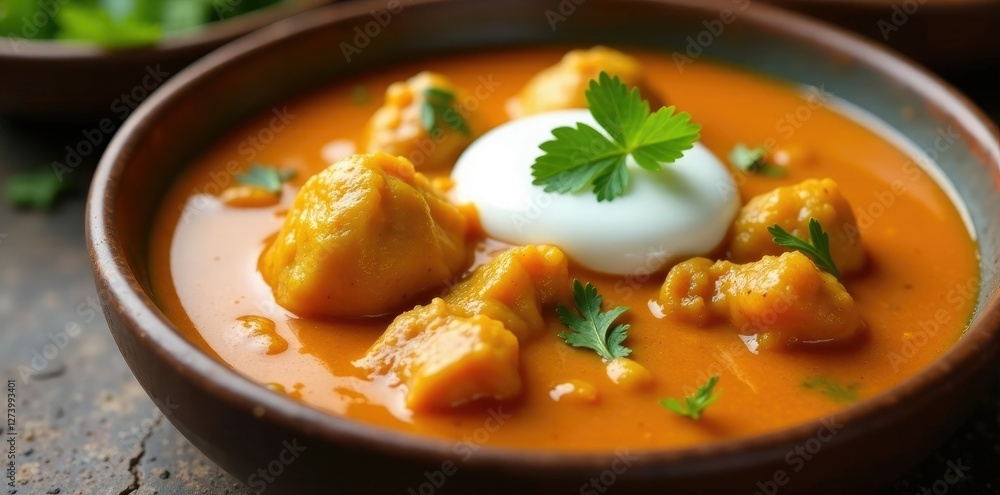 A dollop of creamy coconut milk adorns the surface of a fragrant Indian chicken curry roux, roux, indian