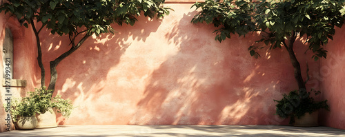 Pink wall, trees, sunlight, patio, serene