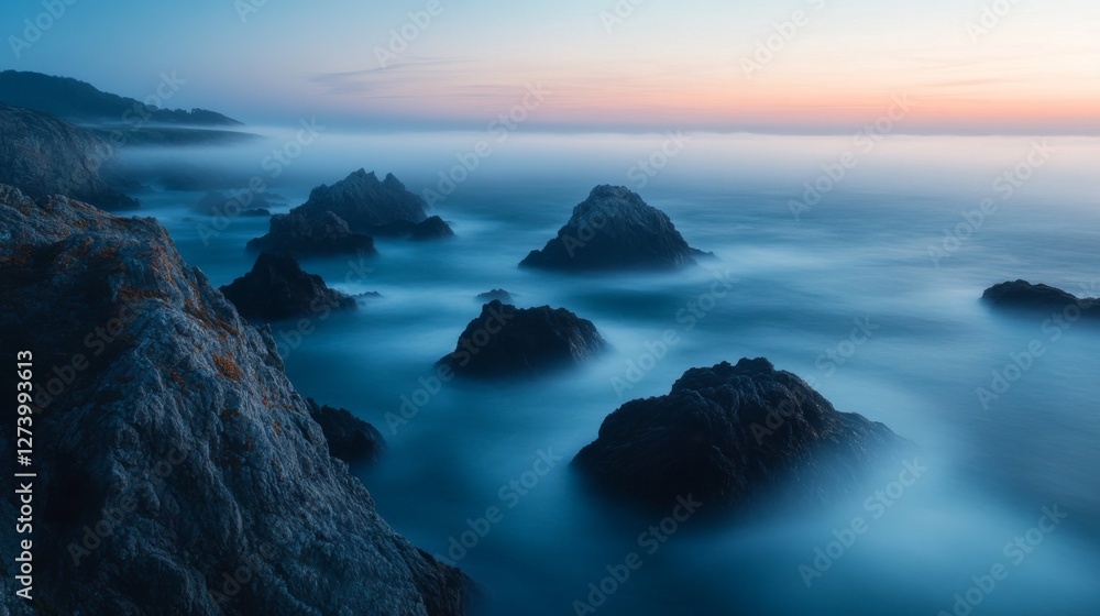 Naklejka premium Coastal rocks shrouded in fog at sunset. Possible use Stock photo
