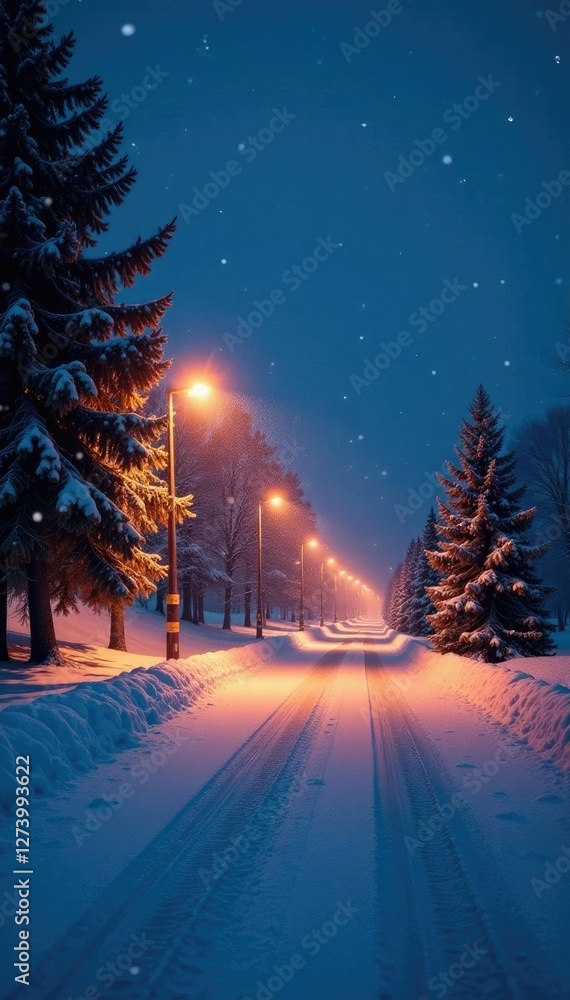 A frosty landscape with glowing streetlights and snowflakes, peaceful, deserted, isolated A frosty landscape with glowing streetlights and snowflakes, peaceful, deserted, isolated