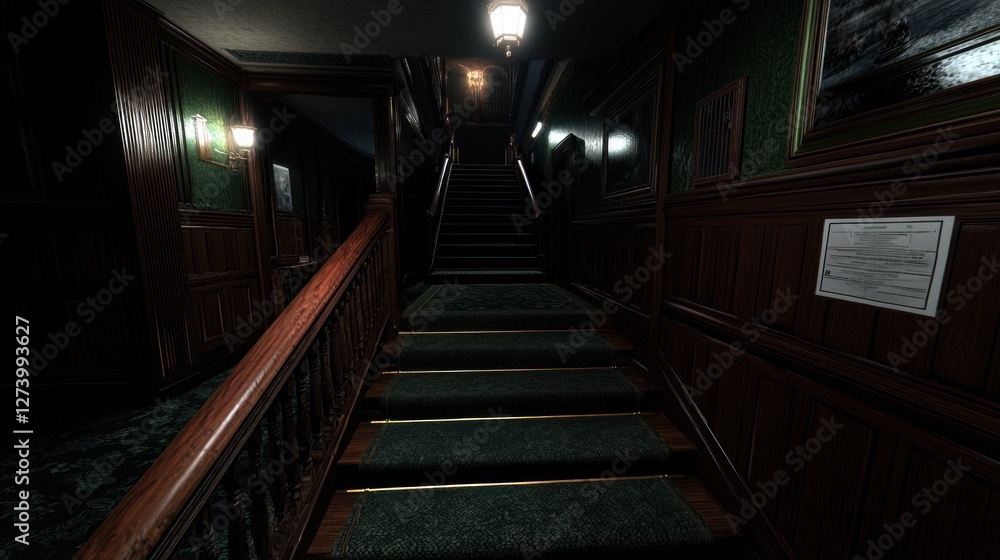 Dimly lit staircase in an ornate hallway with vintage decor, evoking a mysterious atmosphere Dimly lit staircase in an ornate hallway with vintage decor, evoking a mysterious atmosphere