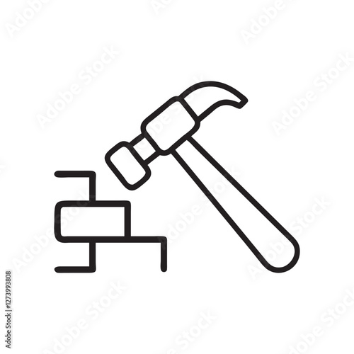 Simple Line Art Illustration of a Hammer Striking a Block, brick hammer icon, logos, vector illustration