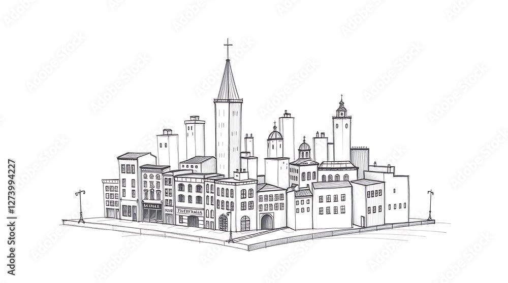 Obraz premium Adorable Hand-Drawn Sketch of a Charming City with Cute Buildings, Streets, and Playful Urban Details