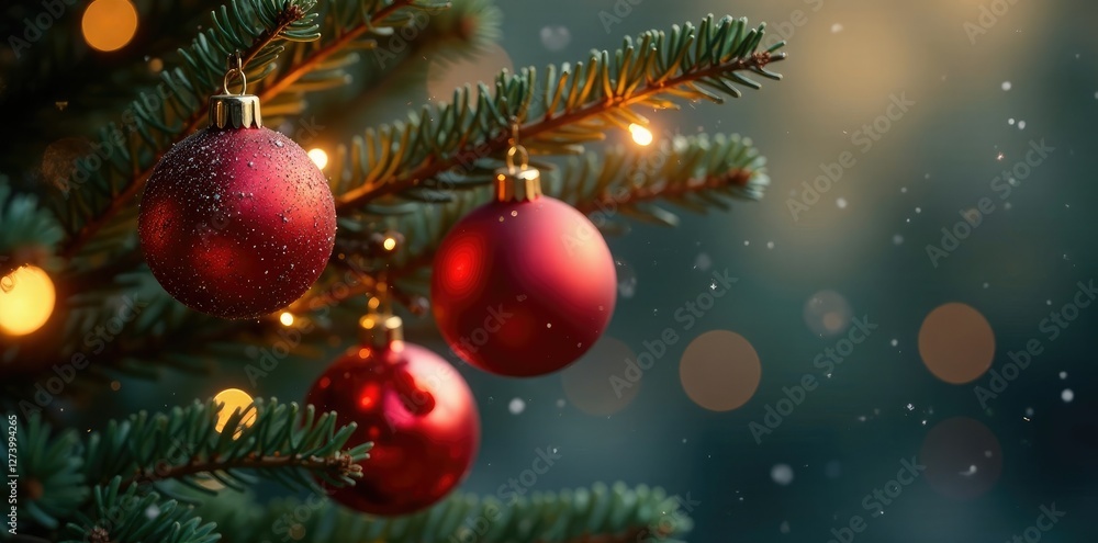 A sprinkle of red and gold ornaments adds warm glow to a bare Christmas tree branch, branches, lighting, gold A sprinkle of red and gold ornaments adds warm glow to a bare Christmas tree branch, branches, lighting, gold