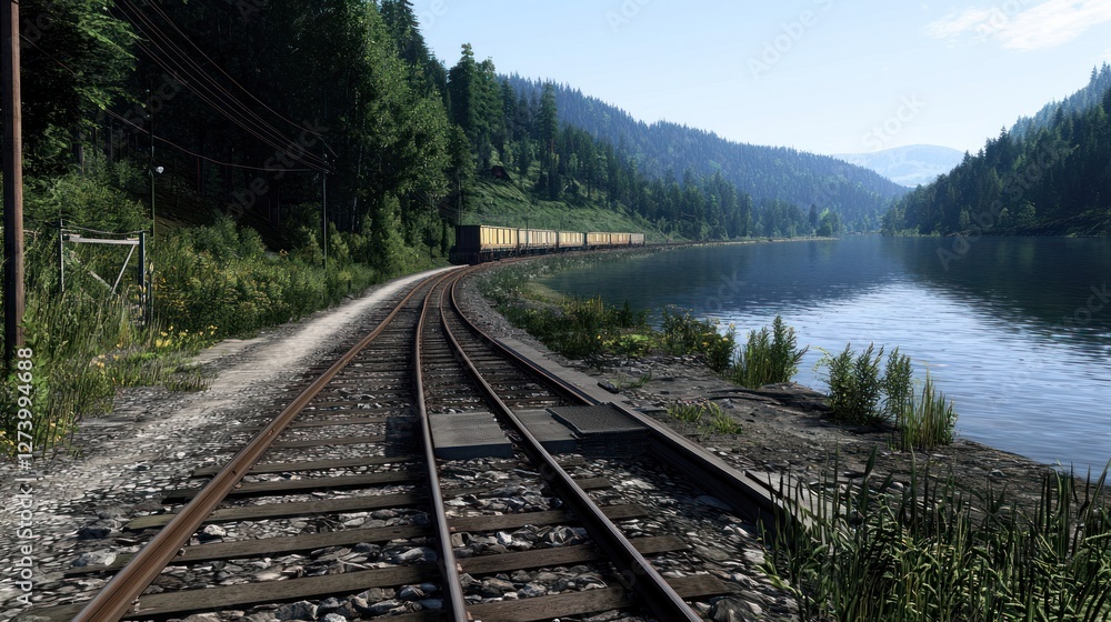 Fototapeta premium Scenic railway track curving along a tranquil lake surrounded by lush mountains and greenery