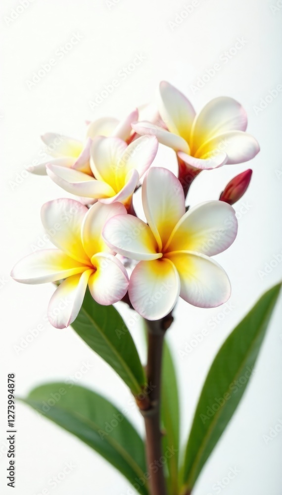 Fototapeta premium Delicate frangipani flowers bloom on a white background, plumeria, garden