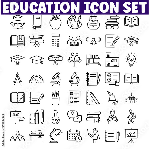 Education Icon Set Learning, Books, Knowledge, School, Study, Graduation, Apple, Science, Tools, Cla