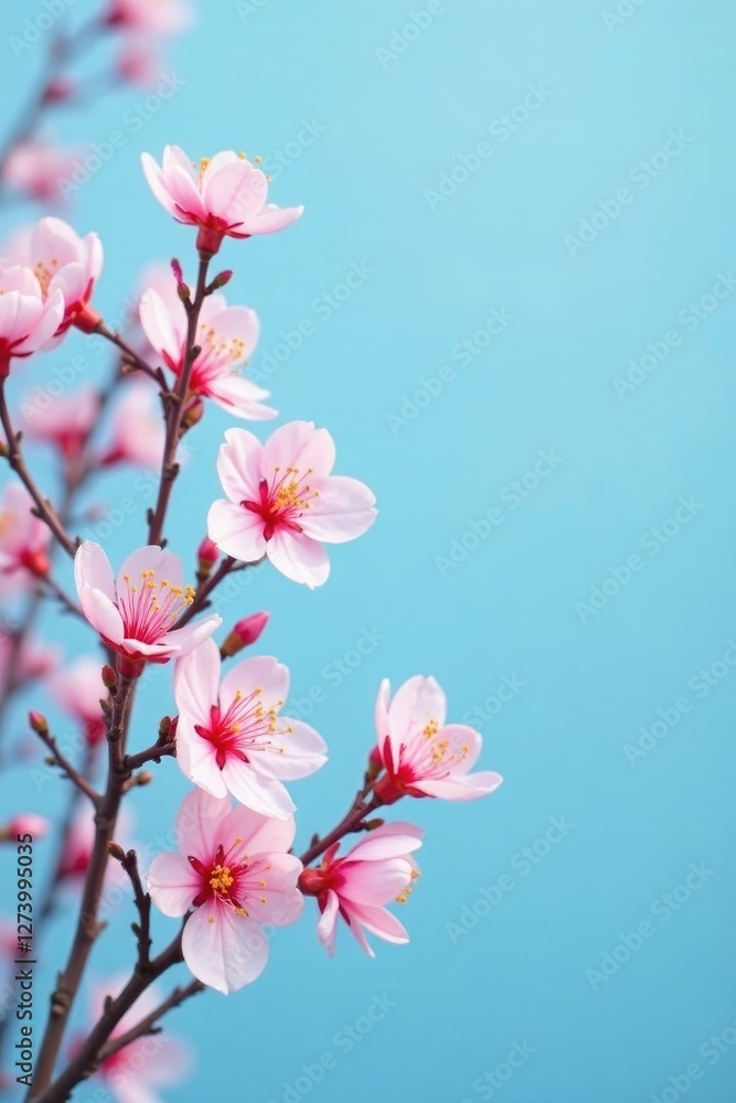 Fototapeta premium Cherry blossom branches against a plain blue background with pale pink flowers, tree, color