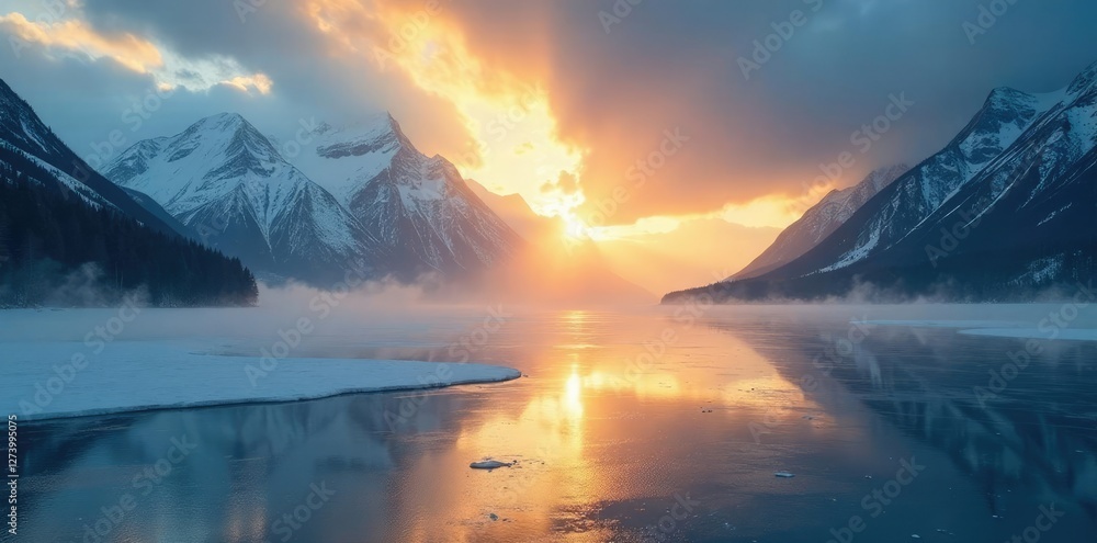 Naklejka premium Clouds and sunbeams in Haines Alaska, with glowing ice forming a misty veil on the landscape, frozen lake, shimmering water, cloudy sky