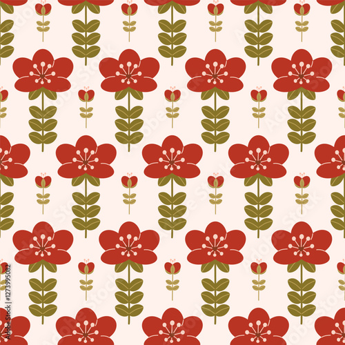  picture shows a bright pattern with a fancy red flower and a smaller bud next to it