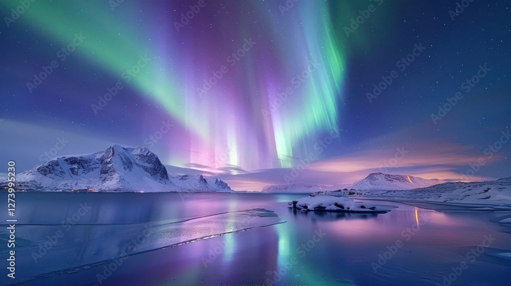 Naklejka premium Stunning auroras illuminate a serene winter landscape with mountains and a reflective lake.