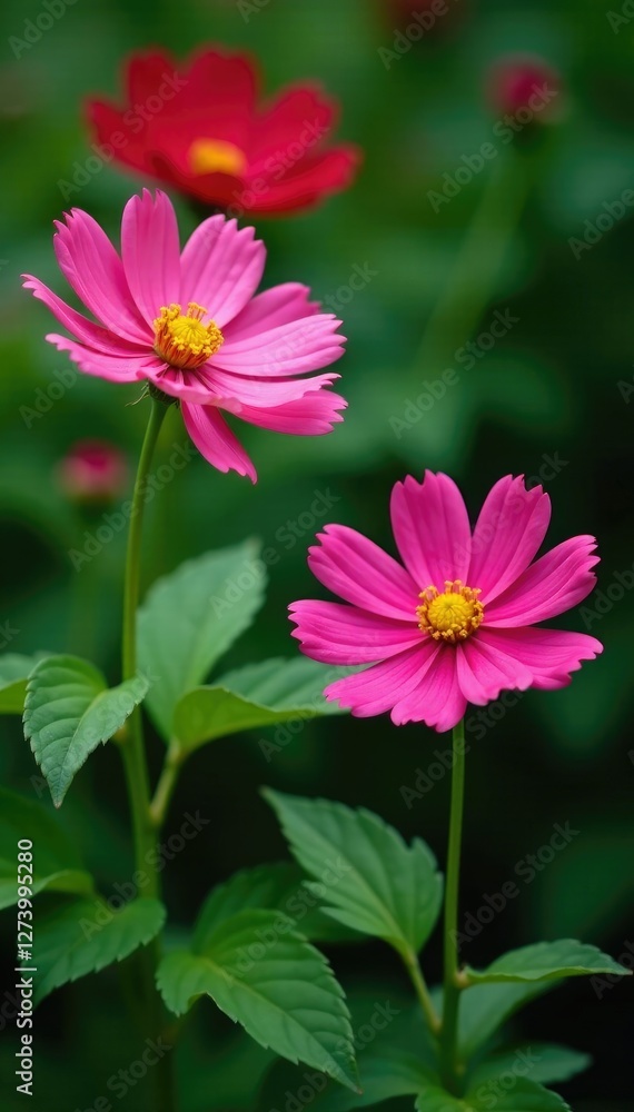 Colorful rose cosmos blooms on bright green leaves, green leaves, nature Colorful rose cosmos blooms on bright green leaves, green leaves, nature