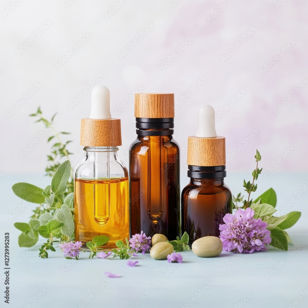 Natural essential oils in elegant glass bottles surrounded by fresh herbs and flowers, perfect for wellness and beauty. Natural essential oils in elegant glass bottles surrounded by fresh herbs and flowers, perfect for wellness and beauty.