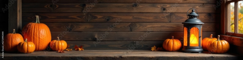 Cozy autumnal scene with rustic wooden wall and pumpkins lanterns, lanterns, rustic Cozy autumnal scene with rustic wooden wall and pumpkins lanterns, lanterns, rustic