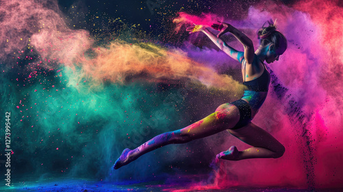 Dynamic Dancer Leaping Through Vibrant Clouds of Colorful Powder in a Captivating Studio Setting