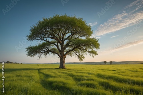 there is a lone tree in a field of grass with a sky background