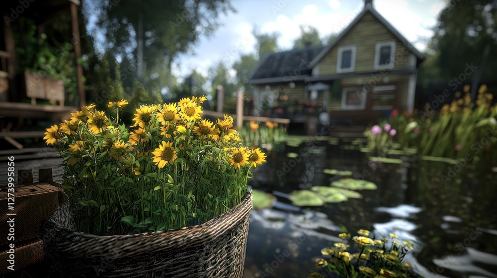 Vibrant sunflowers in a woven basket by a serene lakeside cottage surrounded by lush greenery Vibrant sunflowers in a woven basket by a serene lakeside cottage surrounded by lush greenery
