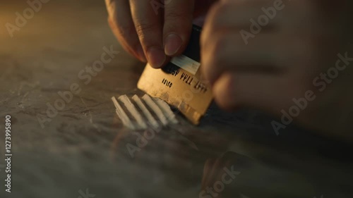 Drugs on the table close-up.
A drug addict is about to snort drugs.
Credit card and drugs on the table.
Drug trafficking theme.
Using narcotic powder