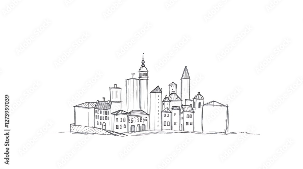 Adorable Hand-Drawn Sketch of a Charming City with Cute Buildings, Streets, and Playful Urban Details Adorable Hand-Drawn Sketch of a Charming City with Cute Buildings, Streets, and Playful Urban Details