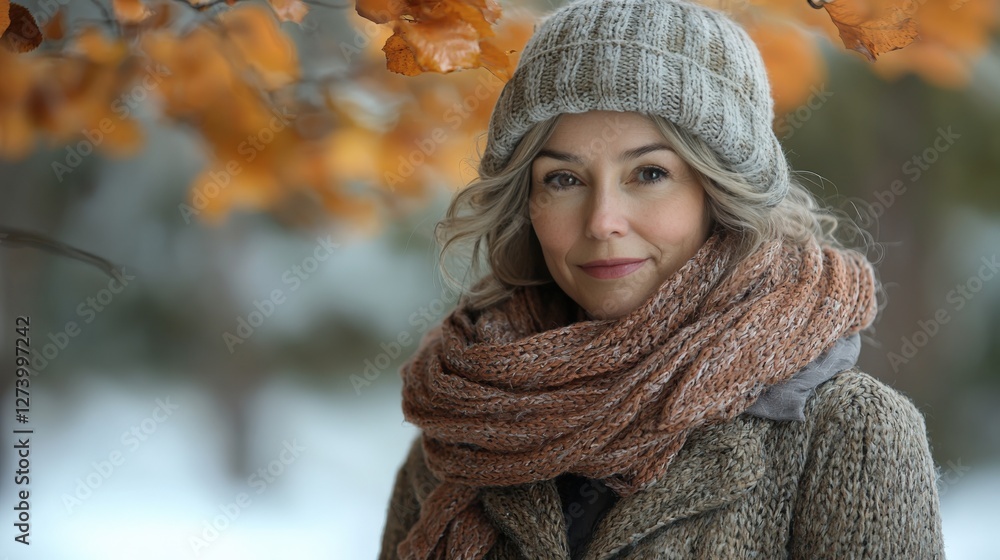 Smiling Young Woman in Cozy Winter Outfit Surrounded by Autumn Leaves Smiling Young Woman in Cozy Winter Outfit Surrounded by Autumn Leaves
