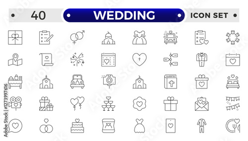 Wedding and marriage Outline icon collection. Newlyweds' holiday, wedding, love. Bride, groom, lovers, wedding rings, wedding car, cake, wedding service  wedding vows, flower, wedding planner.