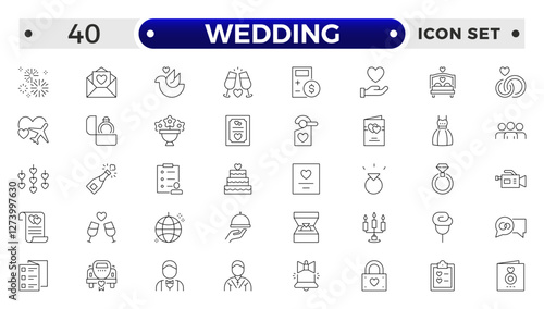 Wedding and marriage Outline icon collection. Newlyweds' holiday, wedding, love. Bride, groom, lovers, wedding rings, wedding car, cake, wedding service  wedding vows, flower, wedding planner.