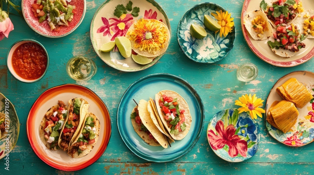 Vibrant Fiesta: Colorful Tacos and Tamales on a Rustic Table Vibrant Fiesta: Colorful Tacos and Tamales on a Rustic Table