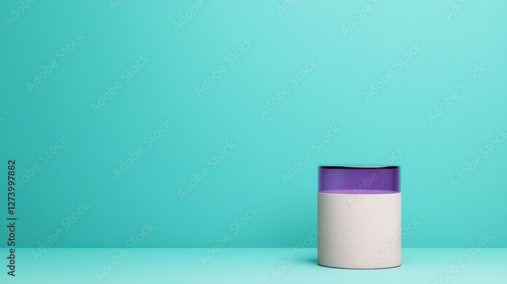 A minimalist container with a purple lid sits against a vibrant turquoise background, showcasing a modern and clean design. A minimalist container with a purple lid sits against a vibrant turquoise background, showcasing a modern and clean design.