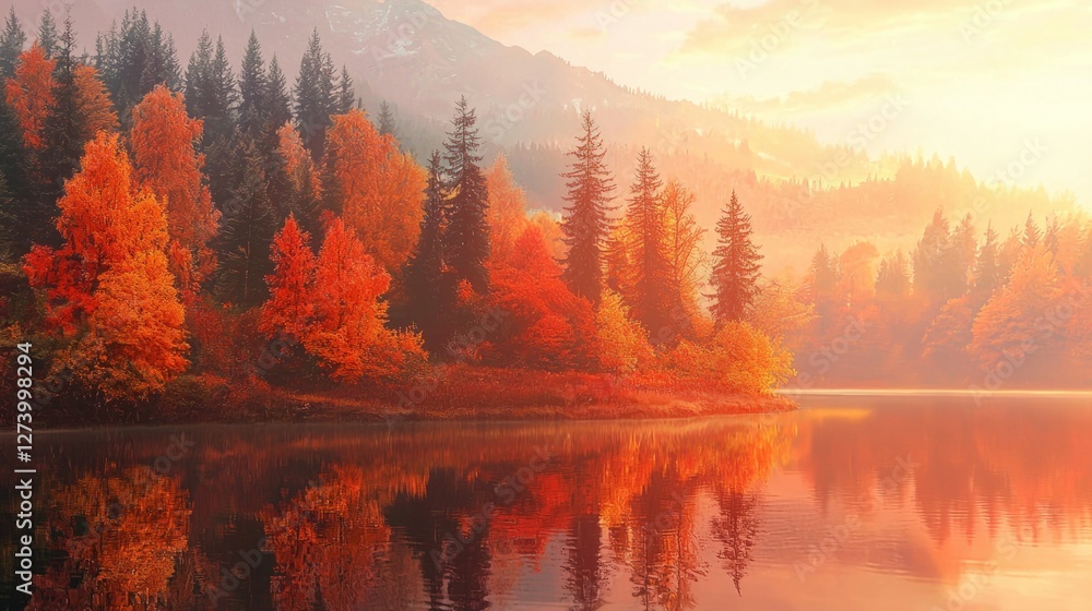 Fototapeta premium Serene Autumn Landscape with Colorful Trees and Calm Water Reflection