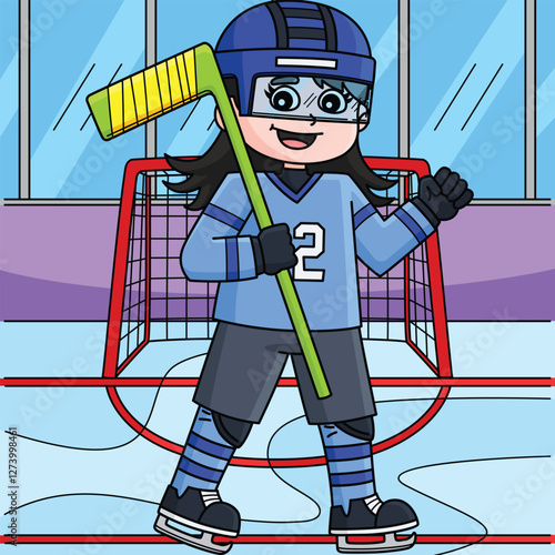 Ice Hockey Girl Player Colored Cartoon 