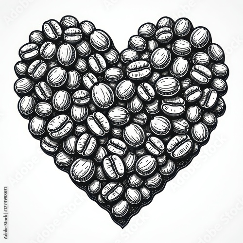 A heart made of coffee beans. Black and white sketch engraving vintage tattoo drawing. Scratch board imitation. photo