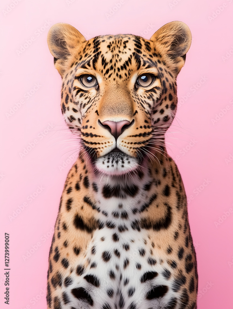 Fototapeta premium Pink background portrait: jaguar or leopard.