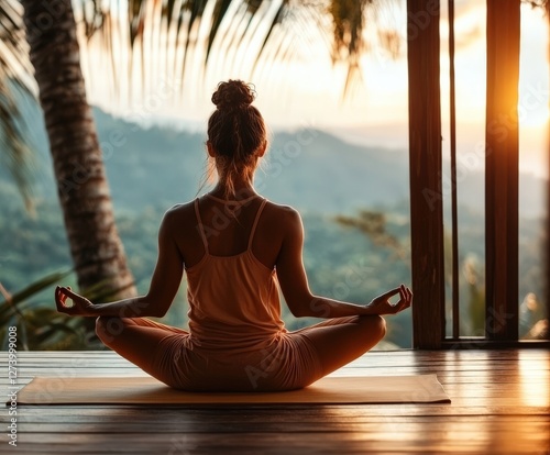 Wallpaper Mural Young caucasian female meditating in tropical setting at sunrise Torontodigital.ca