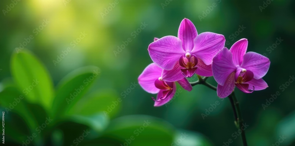 Exotic purple orchid blooms in lush green foliage, bloom, floral, exotic