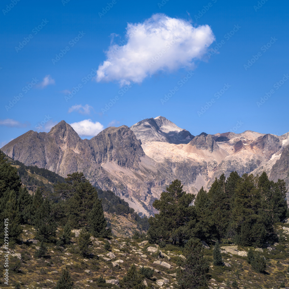 Majestic Peaks Rise Over Lush Valleys in Posets-Maladeta Natural Park, Spanish Pyrenees Majestic Peaks Rise Over Lush Valleys in Posets-Maladeta Natural Park, Spanish Pyrenees