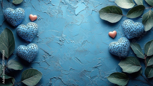 Blue and pink decorative hearts surrounded by green leaves on a textured blue background