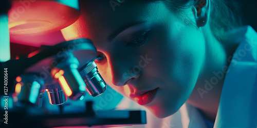 A woman is intently looking through a microscope in a darkened laboratory with colorful lighting.