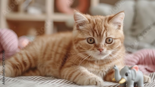 Wallpaper Mural A playful ginger cat lounges beside a small elephant toy on a cozy surface. Torontodigital.ca