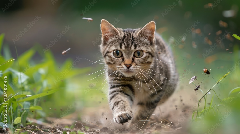 A playful tabby cat running through a grassy area, creating a lively scene. A playful tabby cat running through a grassy area, creating a lively scene.