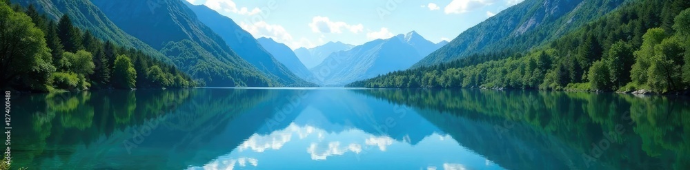 Clear blue lake reflected in the surrounding mountains and trees, serenity, scenery Clear blue lake reflected in the surrounding mountains and trees, serenity, scenery