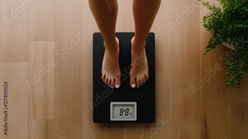 Female measuring weight on digital scale on wooden floor with green plant nearby