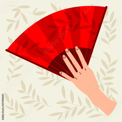 Folding Asian Red Hand Fan, Open View, with hand. Traditional cultural design with leaves pattern, background, banner