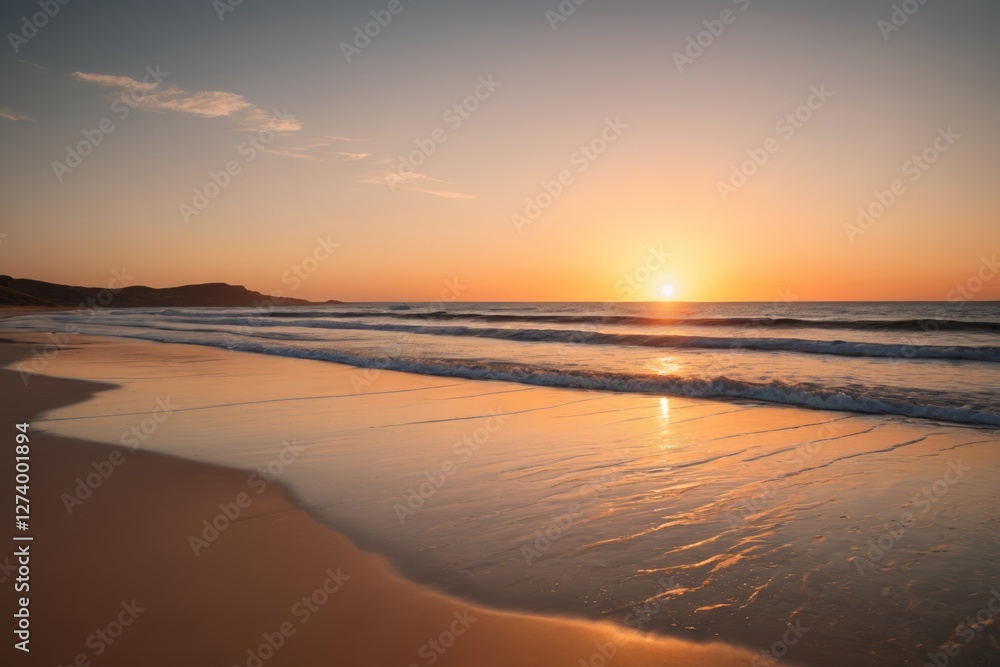 Fototapeta premium sunset on the beach with waves and a person walking on the beach