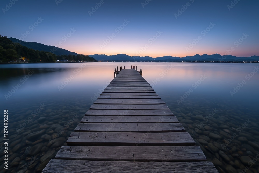 Fototapeta premium arafed wooden pier stretching out into a lake at dusk