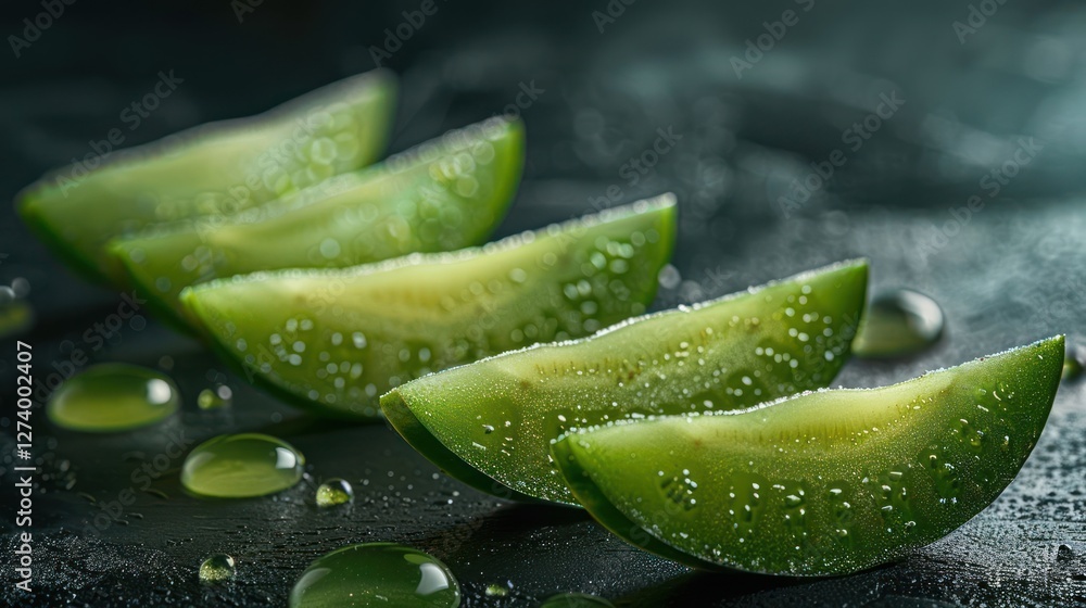 Fresh green aloe vera slices with water droplets on a dark surface. Fresh green aloe vera slices with water droplets on a dark surface.
