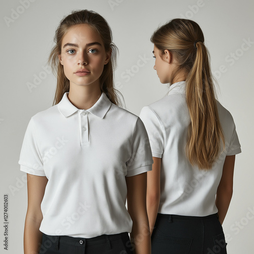 White Polo Shirt Mockup – Woman, Studio Shot, Front And Back View