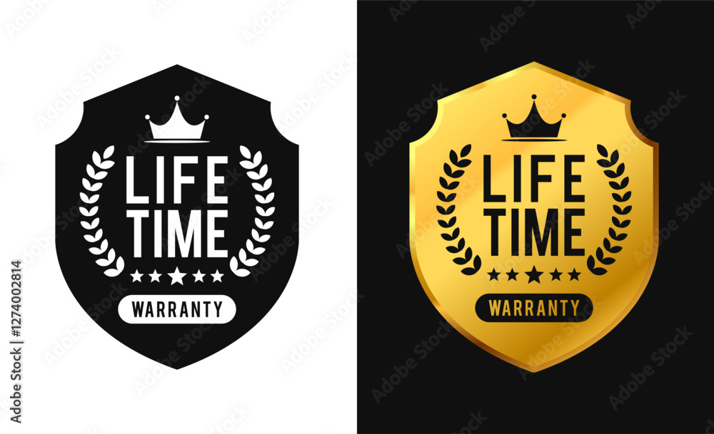 Obraz premium Lifetime warranty label design shield shape. Vector isolated in flat style. For icon, logo, insigna, seal, tag, sign, seal, symbol, badge, stamp, sticker, emblem, banner