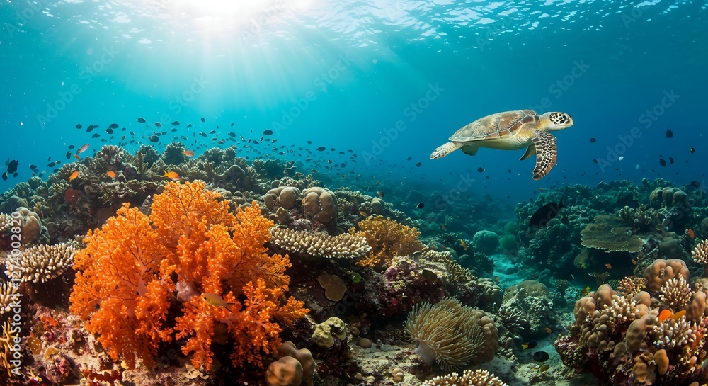 Fototapeta premium Plastic Pollution In Ocean - Turtle Eat Plastic Bag - Environmental Problem generative ai